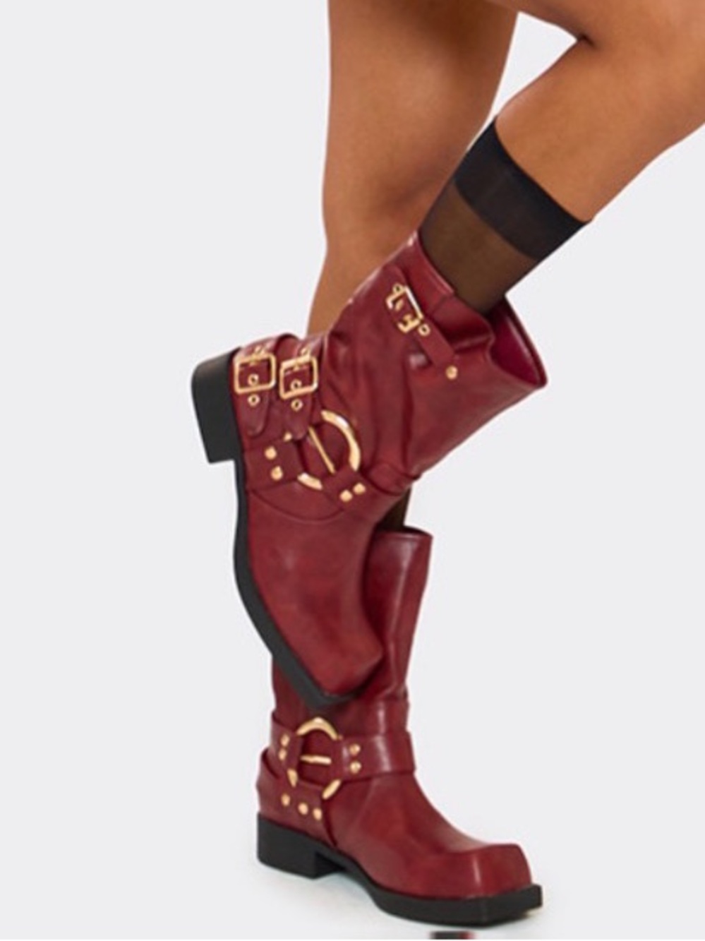 Women's Burgundy Moto Combat Boots with Gold Hardware